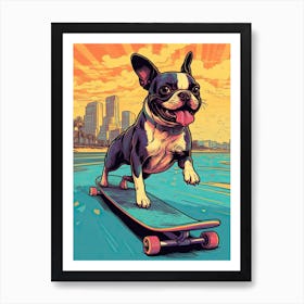 Boston Terrier Dog Skateboarding Illustration 3 Art Print