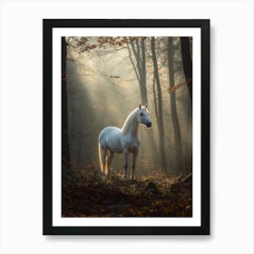 White Horse In The Forest. Generated AI. Art Print 1 Affiche