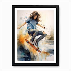 Girl Skateboarding In San Diego, United States Watercolour 1 Art Print