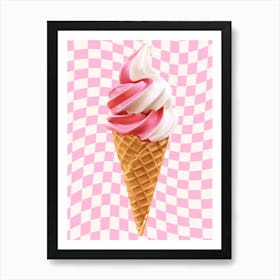 Ice Cream Cone On A Checkered Background Print Art Print