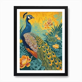 Blue Mustard Peacock With Tropical Flowers Linocut Inspired 1 Art Print