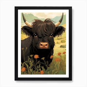 Animated Black Bull In Floral Meadow Art Print