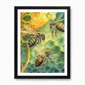Blue Eyed Sweat Bee Beehive Watercolour Illustration 2 Art Print