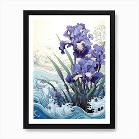 Great Wave With Iris Flower Drawing In The Style Of Ukiyo E 1 Art Print