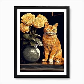 Drawing Of A Still Life Of Ranunculus With A Cat 2 Art Print