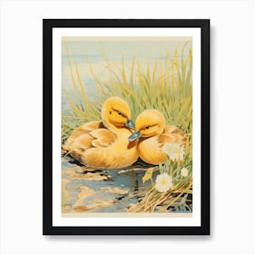 Ducklings Staying Warm Together Japanese Woodblock Style 1 Art Print