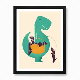 T-Rex and his Basketful of Weiner Dogs Art Print
