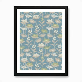 GARDEN MEADOW Floral Botanical Flowers Wildflowers in Neutral Beige Cream Sage Green on Light Blue Art Print