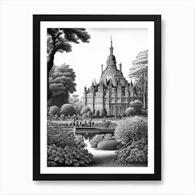 Château De Chantilly Gardens, France Linocut Black And White Vintage Art Print