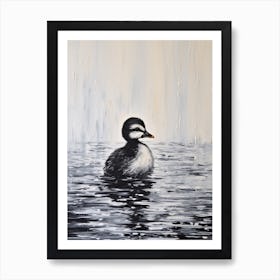 Black & White Painting Of Duckling Gliding Along The Pond 1 Art Print