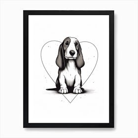 Basset Hound & Heart Black & White Art Print