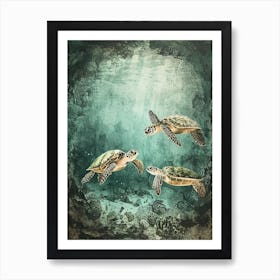 Sea Turtles In An Underwater World Textured Illustration 3 Art Print