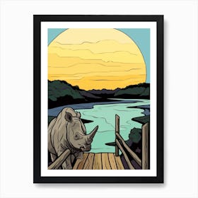 Simple Rhino Line Illustration By The River 3 Art Print