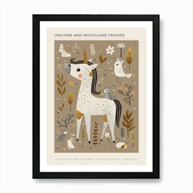Unicorn In The Meadow With Abstract Woodland Animals 2 Poster Art Print