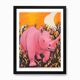 Linocut Inspired Pink Orange & Yellow Rhino  2 Art Print