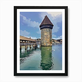 Chapel Bridge and Water Tower, Lucerne. An iconic view of Lucerne's Chapel Bridge and Water Tower, reflecting in the pristine Reuss River. The medieval structure, surrounded by calm waters and lively seagulls, showcases the city’s historical charm under a bright sky. Art Print