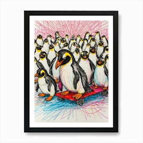 Penguins On Skateboard Art Print