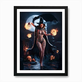 Sexy Pretty Witch with Fireballs Painting #8 Poster