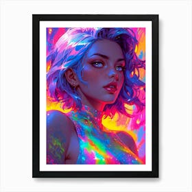 Blonde anime girl with translucent beauty — her eyes shimmering in neon hues, embodying the essence of sexy cyberpunk allure. Art Print