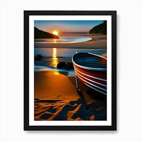 Sun Set Beach - Boat At Sunset Art Print