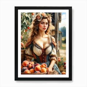 Beautiful And Alluring Blonde In Low Cut Dress With A Basket of Peaches 4 Art Print