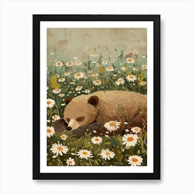 Sloth Bear Resting In A Field Of Daisies Storybook Illustration 2 Art Print
