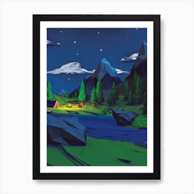 Night In The Mountains Nature Animation Anime Landscape Art Print