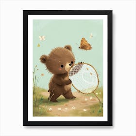 Brown Bear Cub Playing With A Butterfly Net Storybook Illustration 3 Art Print