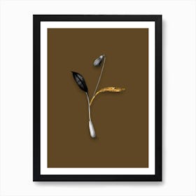 Vintage Erythronium Black and White Gold Leaf Floral Art on Coffee Brown n.0143 Art Print