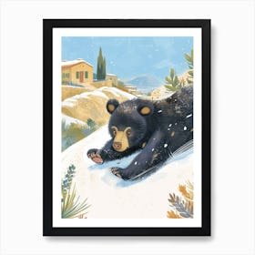 American Black Bear Cub Sliding Down A Snowy Hill Storybook Illustration 2 Art Print