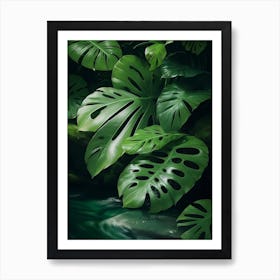 Tropical Jungle Abundant With Monstera Leaves And Flowing Rivers Art Print