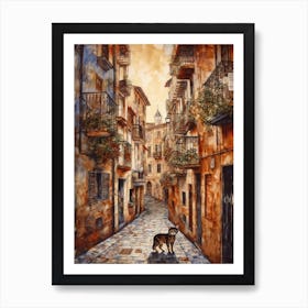 Painting Of Barcelona With A Cat In The Style Of Renaissance, Da Vinci 1 Art Print