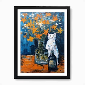 Still Life Of Lilies With A Cat 1 Art Print