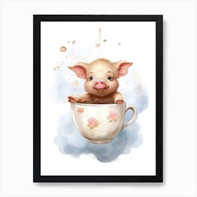 Baby Tea Cup Pig Flying With Ballons, Watercolour Nursery Art 4 Art Print