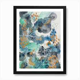 Abstract Painting in Green and Blue with Botanicals Art Print