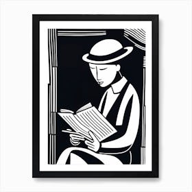 Lion cut inspired Black and white Stylized portrait of a Person reading a book, reading art, book worm, Reader 180 Art Print