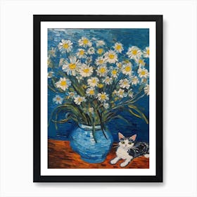 Still Life Of Daisies With A Cat 2 Art Print