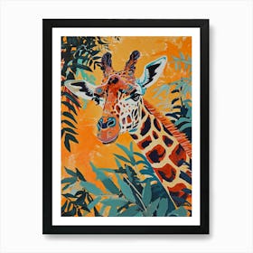 Giraffe In The Leaves Colourful Pattern 1 Art Print