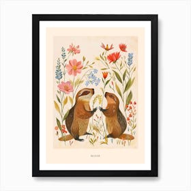 Folksy Floral Animal Drawing Beaver 4 Poster Art Print