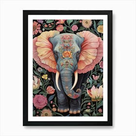 William Morris Elephant Pink Flowers Vintage  Art Print