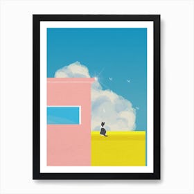 Minimal art Pink and yellow building with Cat On A Roof Art Print