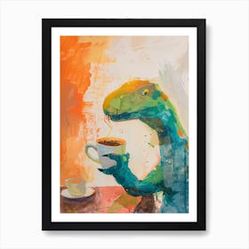 Dinosaur Drinking Coffee Orange Brushstroke 1 Art Print