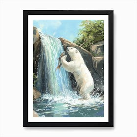 Polar Bear Catching Fish In A Waterfall Storybook Illustration 2 Art Print