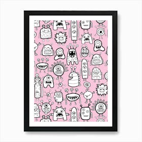 Happy Funky Monsters and Aliens Black and White on Light Pink Kids Art Print