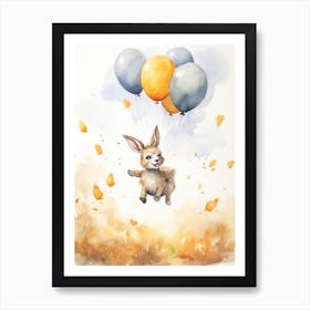 Donkey Flying With Autumn Fall Pumpkins And Balloons Watercolour Nursery 1 Art Print