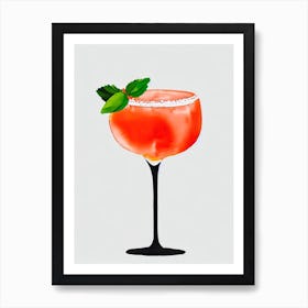 Frozen Strawberry Margarita Minimal Line Drawing & Watercolour Cocktail Poster Art Print