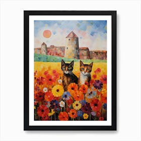 Two Cats And A Medieval Fortress Behind Art Print
