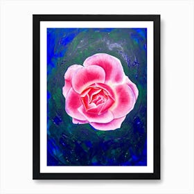 Pink rose on blue canvas Art Print