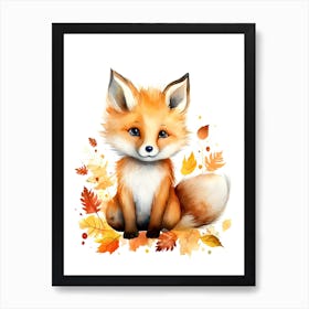 A Fox  Watercolour In Autumn Colours 2 Art Print