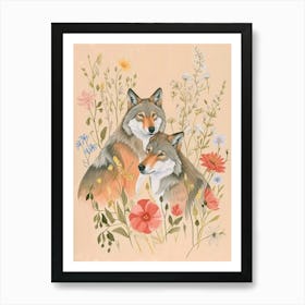 Folksy Floral Animal Drawing Wolf 5 Art Print